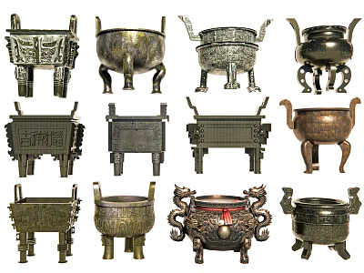 Garden Ornaments With Various Bronze Tripods Showcasing Traditional Designs And Decorative Features 3d model
