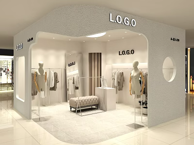 Modern Clothing Store Interior Design With Mannequins Hanging Clothes And Sofa 3d model