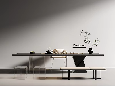 Modern Minimalist Tea Table and Chairs with Tea Set Fruits and Green Plant 3d model