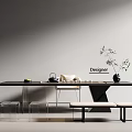 Modern Minimalist Tea Table and Chairs with Tea Set Fruits and Green Plant