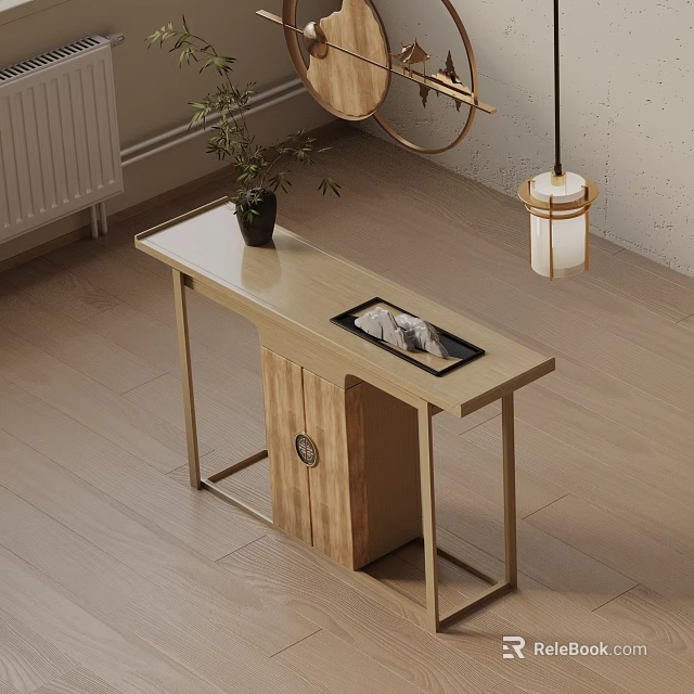 Modern Wooden Console Table with Entryway Design Decorative Mirror Plant and Pendant Lamp 3d model 