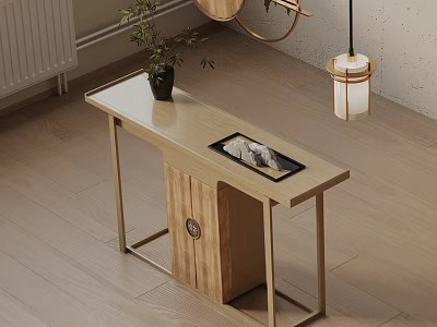 Modern Wooden Console Table with Entryway Design Decorative Mirror Plant and Pendant Lamp 3d model