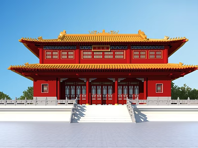 Ancient Chinese Architecture Red Building With Yellow Roof Ornate Cornices Carvings White Railings And Steps 3d model