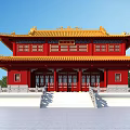 Ancient Chinese Architecture Red Building With Yellow Roof Ornate Cornices Carvings White Railings And Steps