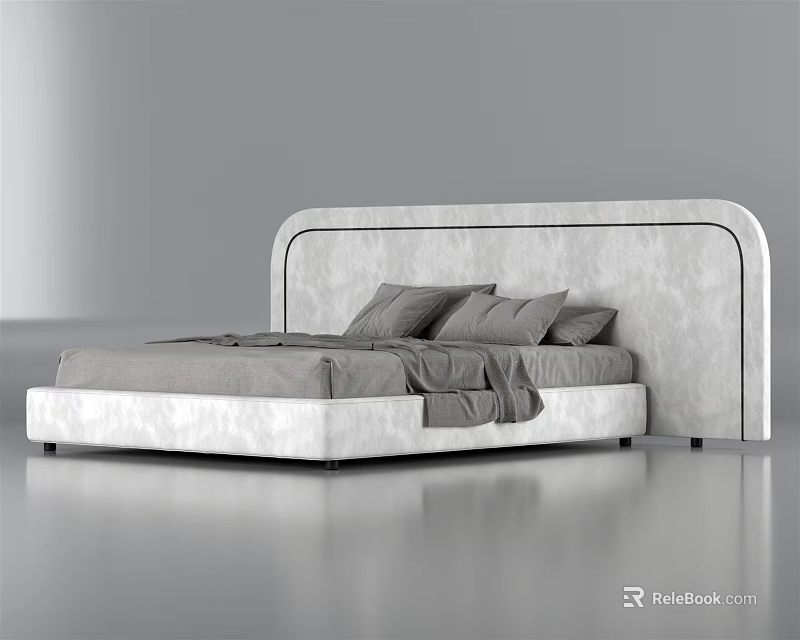 Modern Double Bed With Upholstered Headboard Gray Pillows And Bedding 3d model