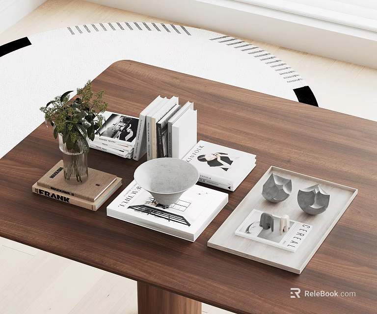 Decorative Ornaments Set With Green Plant Books Magazines Gray Bowl And Tray On Wooden Table 3d model 