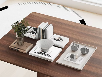Decorative Ornaments Set With Green Plant Books Magazines Gray Bowl And Tray On Wooden Table 3d model