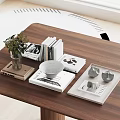 Decorative Ornaments Set With Green Plant Books Magazines Gray Bowl And Tray On Wooden Table