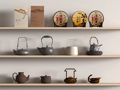 Stylish Tea Set Collection With Various Teapots And Tea Canisters On Wooden Shelves 3d model