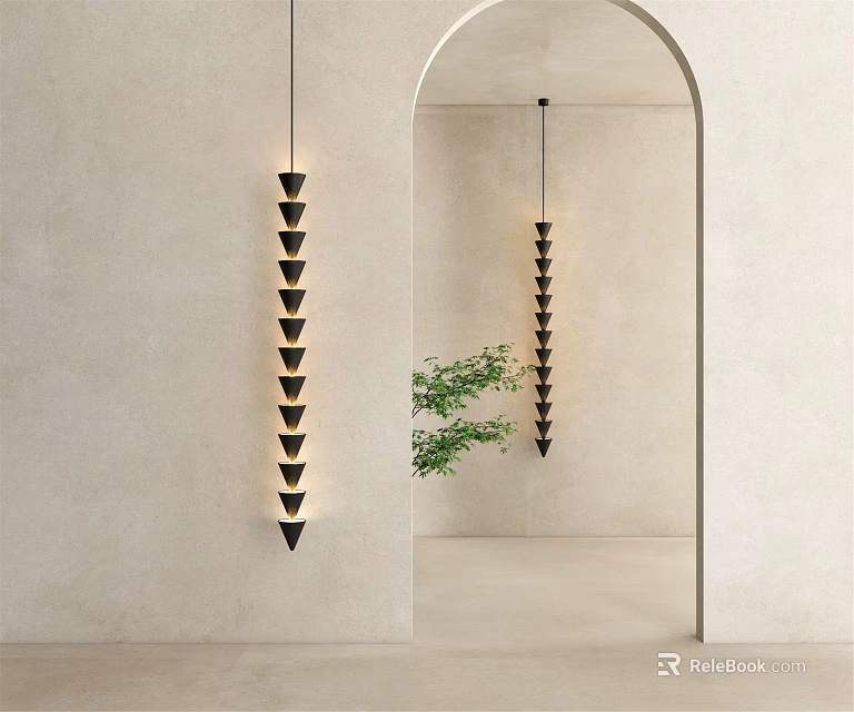 Black Tiered Cone Pendant Lights Near Archway With Neutral Wall And Green Plant 3d model 