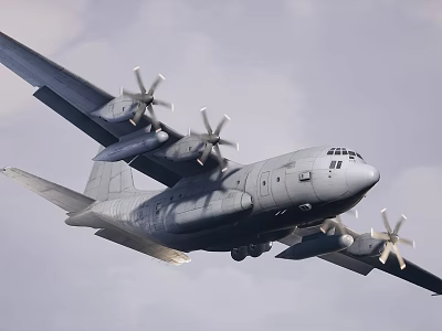 Gray Military Fighter Jet Flying With Four Propellers In Cloudy Sky 3d model