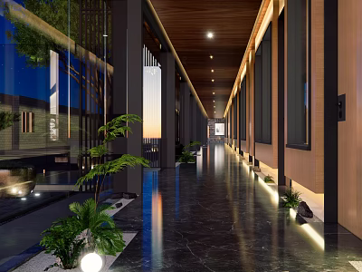 Hotel Corridor Modern Interior With Wooden Ceiling Green Plants Sleek Floor And Ambient Lighting 3d model