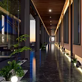 Hotel Corridor Modern Interior With Wooden Ceiling Green Plants Sleek Floor And Ambient Lighting