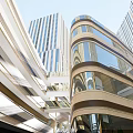 Modern Curved Multi Level Building With Glass Facade Plaza Area And Pedestrians