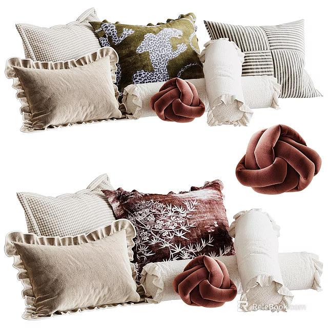 Assorted Decorative Throw Pillows With Ruffled Edges Velvet And Embroidered Patterns 3d model 