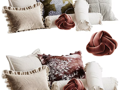 Assorted Decorative Throw Pillows With Ruffled Edges Velvet And Embroidered Patterns 3d model