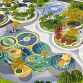 Modern Park Landscape With Circular Gardens Water Features Lush Trees And Surrounding Paths