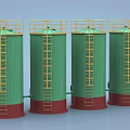 Industrial Equipment Green Cylindrical Storage Tanks With Red Base Yellow Railings And Ladders