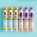 Colorful Cartoon Themed Drink Cans Arranged in Row on Blue Background