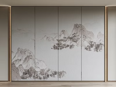 New Chinese Style Background Wall With Landscape Artwork And Decorative Design 3d model