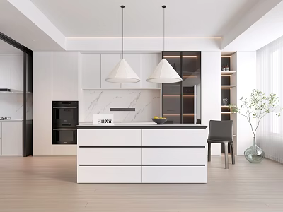 Modern Restaurant Kitchen With White Cabinets Marble Backsplash Island Counter And Pendant Lights 3d model
