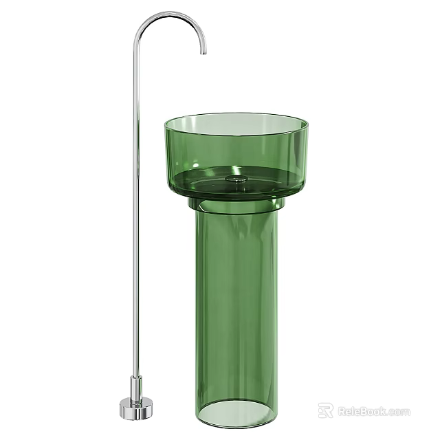 Elegant Green Glass Washbasin with Transparent Bowl and Cylindrical Pedestal 3d model 