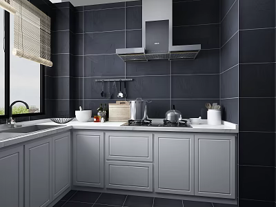 Modern Kitchen Interior With Gray Cabinets Black Tile Walls Countertop And Appliances 3d model