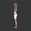 A woman with purple hair wearing purple shirt and white skirt barefoot on grey background