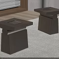 Two Dark Wooden Square Stools With Square Top And Cylindrical Details On Light Carpet