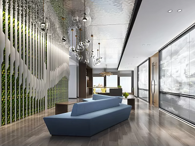 Hotel Public Lounge With Blue Sofa Green Plant Wall Wooden Floor And Glass Wall 3d model
