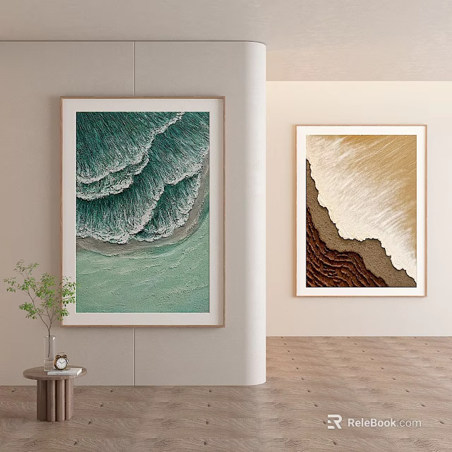 Two Decorative Paintings With Green Brown Wave Patterns For Wall Decor 3d model