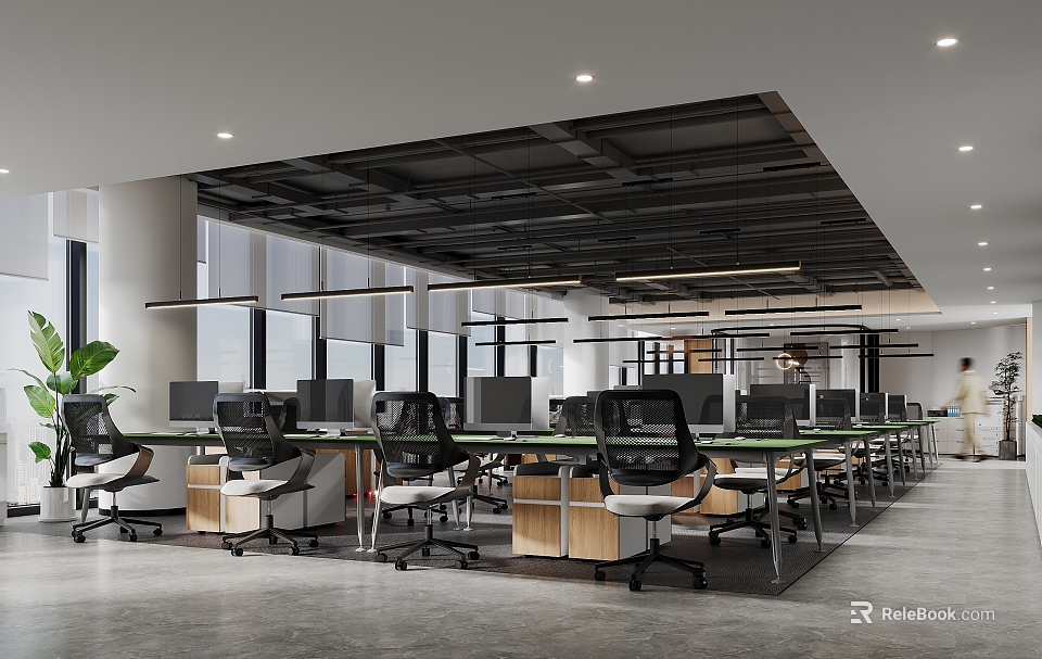 Spacious Modern Public Office Space With Open Layout Desks Computers Ergonomic Chairs And Natural Light 3d model 