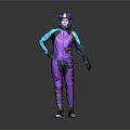Person In Purple And Blue Jumpsuit With Helmet Standing On Gray Background