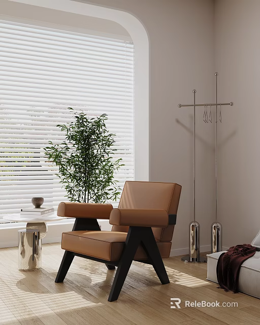 Beige Leather Single Sofa With White Blinds Green Plant Small Table and Coat Rack 3d model 