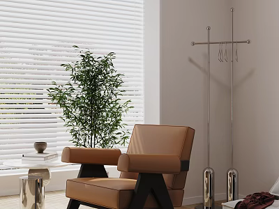 Beige Leather Single Sofa With White Blinds Green Plant Small Table and Coat Rack 3d model