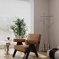 Beige Leather Single Sofa With White Blinds Green Plant Small Table and Coat Rack