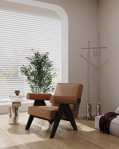 Beige Leather Single Sofa With White Blinds Green Plant Small Table and Coat Rack 3d model