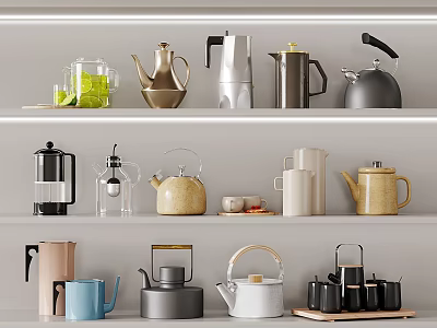 Modern Daily Electrical Appliances Display On White Shelves With Various Design And Material Styles 3d model