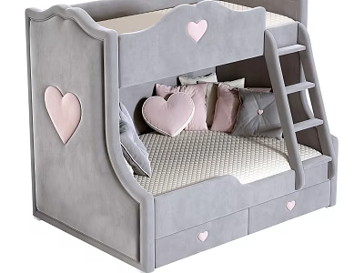 Cute Gray Kids Bunk Bed With Heart Shaped Decorations Ladder And Storage Drawers 3d model