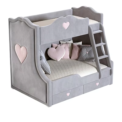 Cute Gray Kids Bunk Bed With Heart Shaped Decorations Ladder And Storage Drawers 3d model