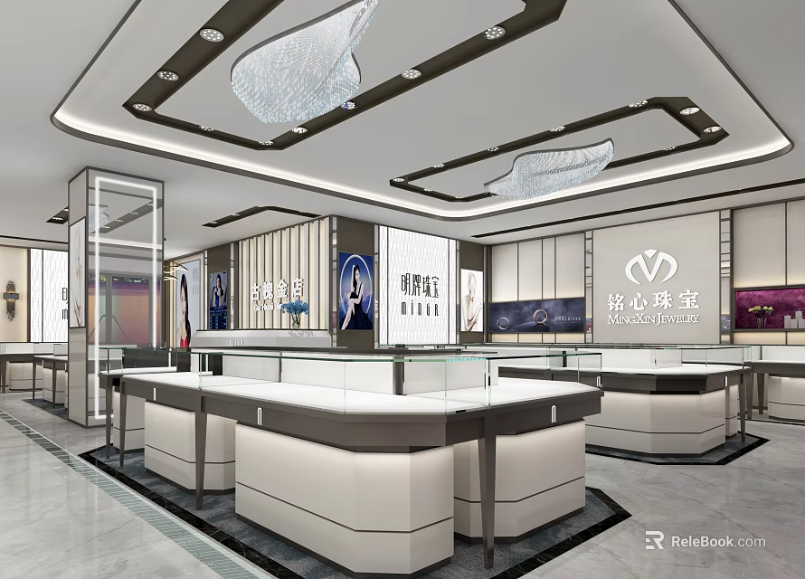 Elegant Jewelry Store Interior With Glass Display Counters And Modern Lighting Fixtures 3d model 