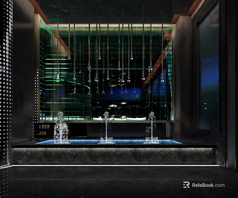 Modern Garden Decor Feature With Three Fountains And Glass Curtain Wall Lighting 3d model 