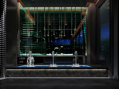 Modern Garden Decor Feature With Three Fountains And Glass Curtain Wall Lighting 3d model