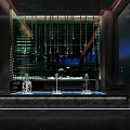 Modern Garden Decor Feature With Three Fountains And Glass Curtain Wall Lighting