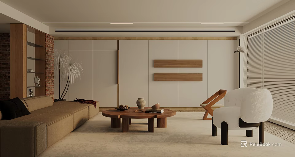 Modern Living Room Interior With Beige Sofa Wooden Coffee Table And Wall Decor Elements 3d model