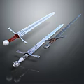 Medieval Weapons Display Featuring Three Swords Of Different Styles With Ornate Hilts And Polished Blades