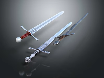 Medieval Weapons Display Featuring Three Swords Of Different Styles With Ornate Hilts And Polished Blades 3d model
