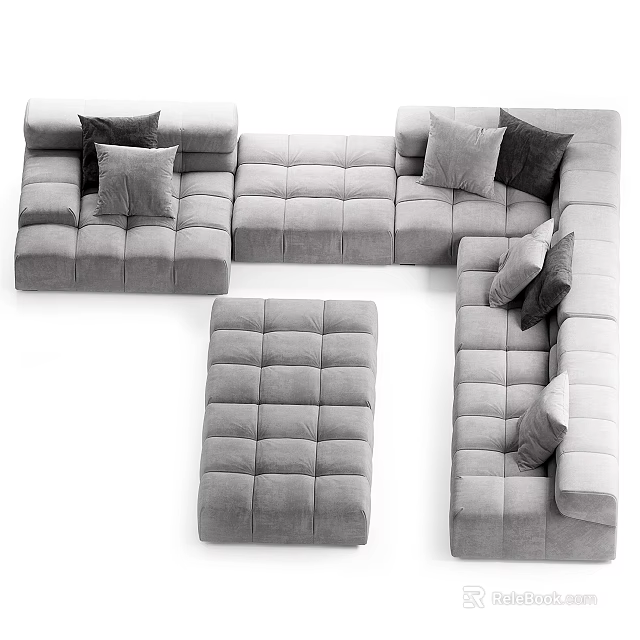Gray Velvet Modular Sectional Sofa With Multiple Plush Pillows And Ottoman 3d model