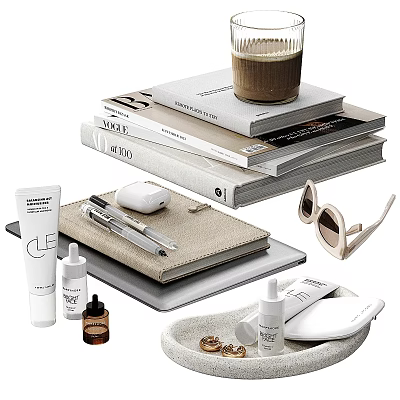 Decorative Ornament Set With Stacked Books Candle Notebook Pen Wireless Earbuds Sunglasses And Skincare Products 3d model