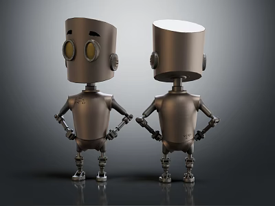 Two Smart Machines With Metallic Design Yellow Eyes Standing With Hands On Hips 3d model